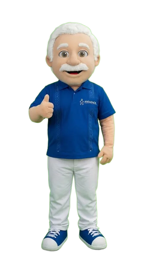 Don Andy, the ANDAFACIL mascot, in a blue shirt giving a thumbs up